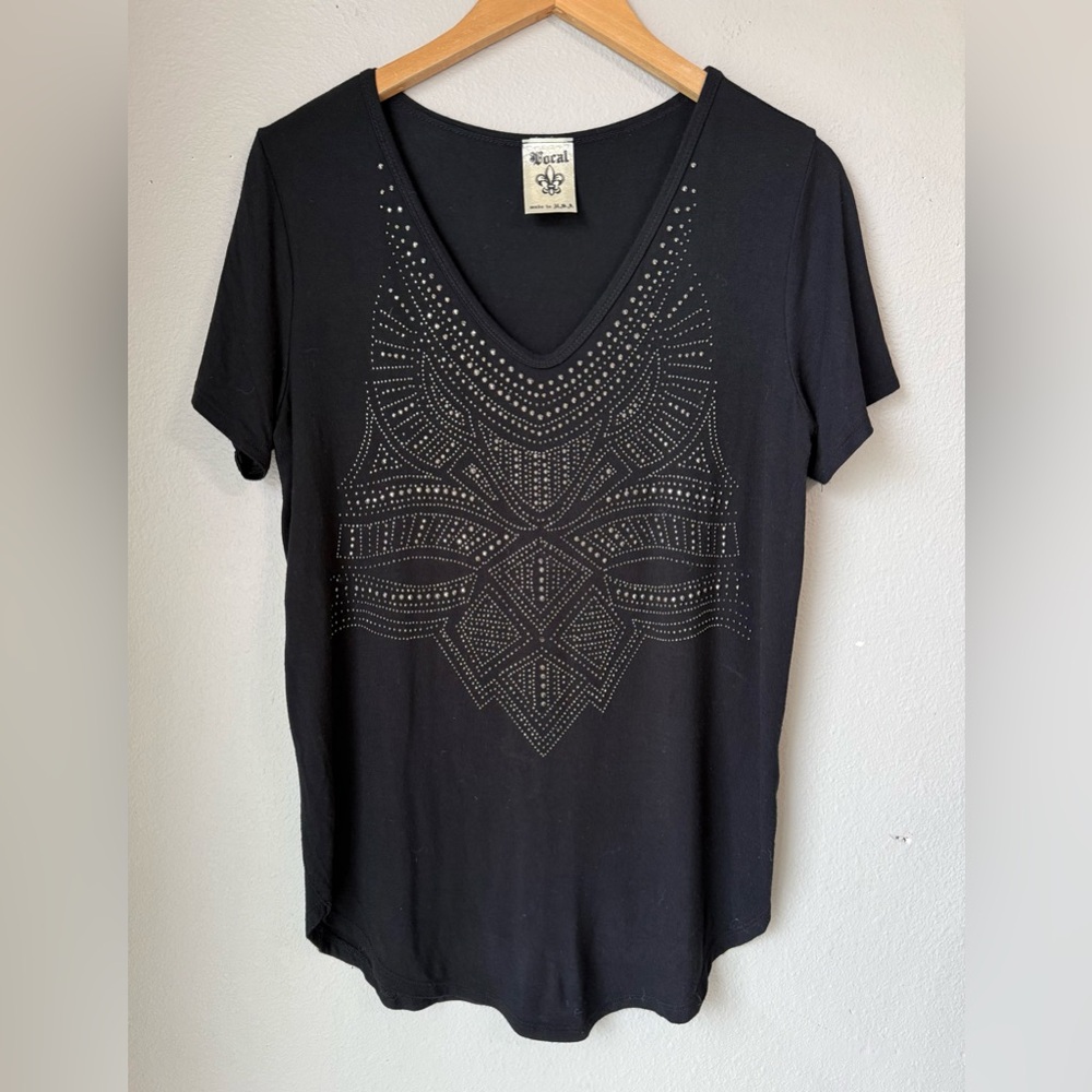 Women’s Vocal Black Studded Top Short Sleeve Size Medium Soft Fabric